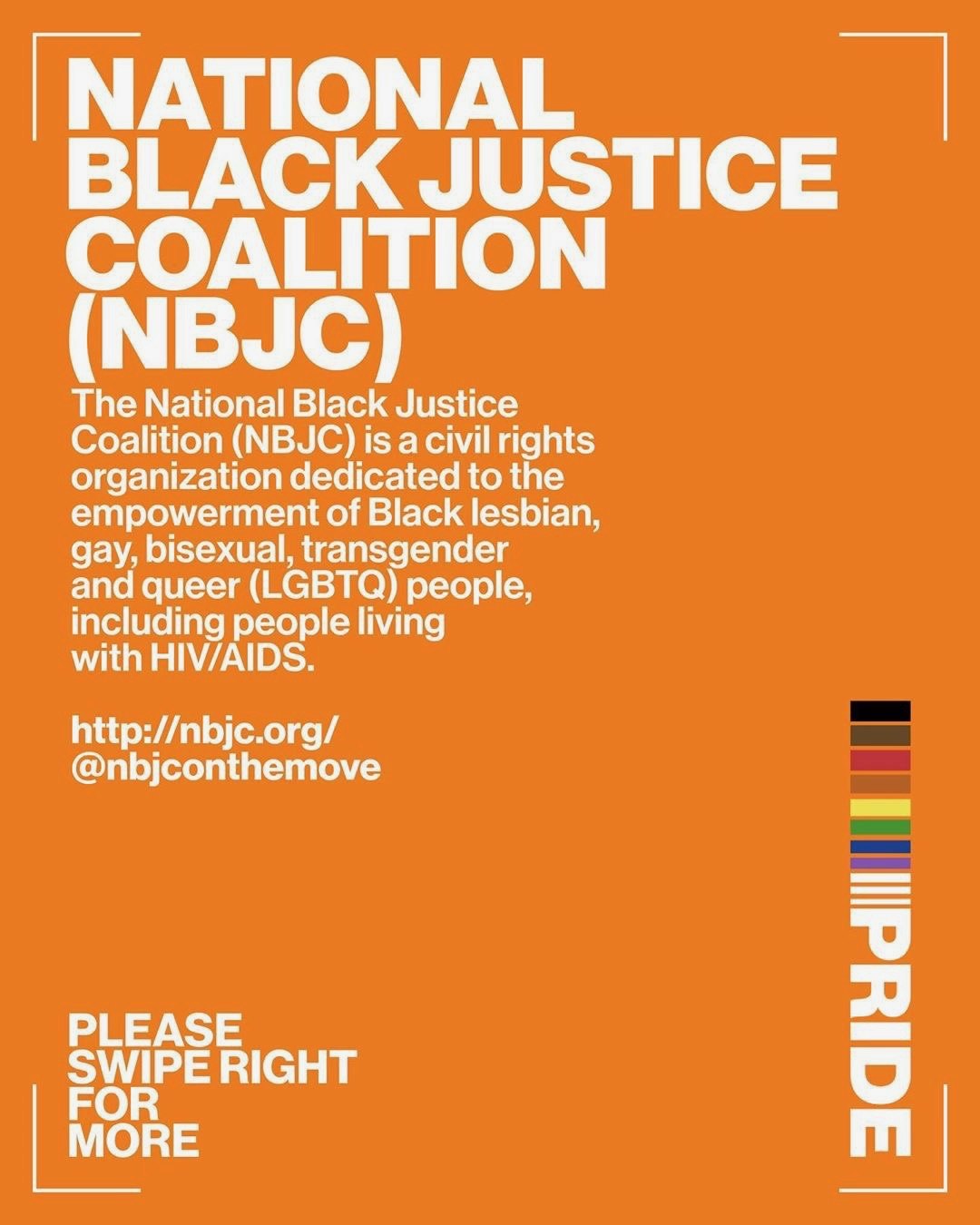 National Black Justice Coalition, its mission in white on orange