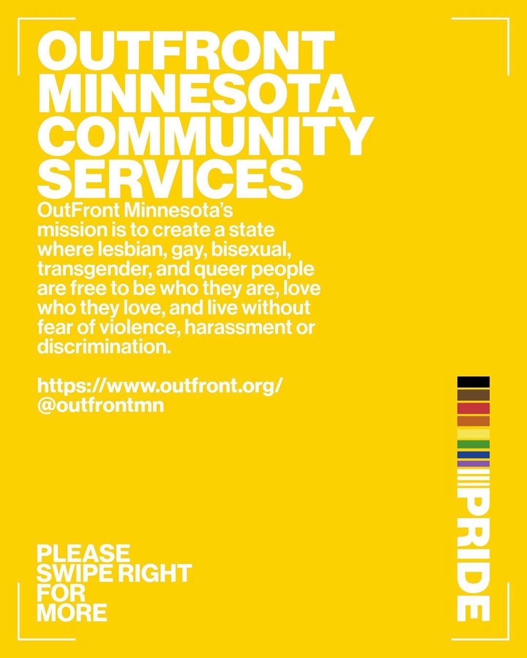 OutFront Minnesota Community Services, its mission in white on yellow
