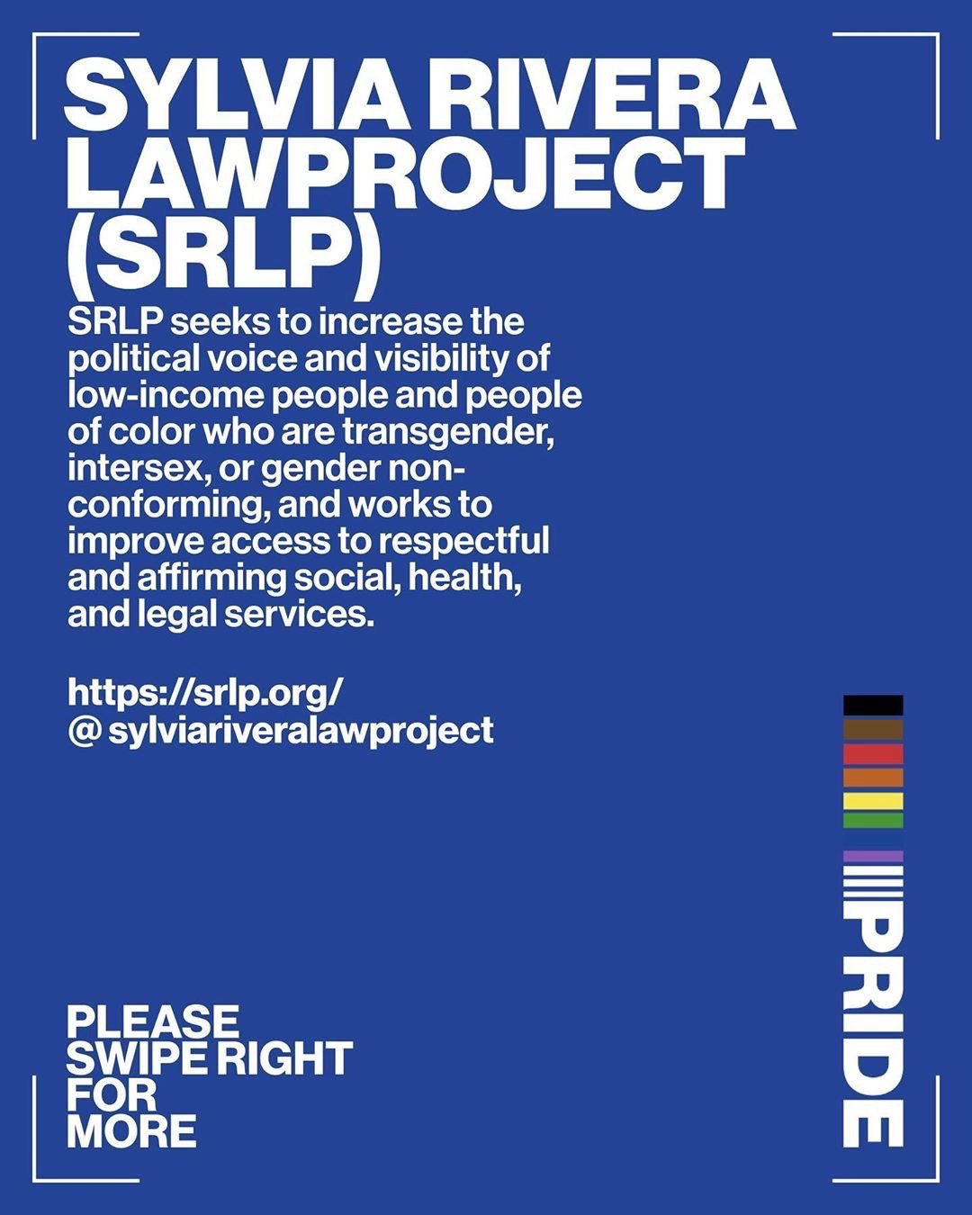Sylvia Rivera Law Project, its mission in white on blue
