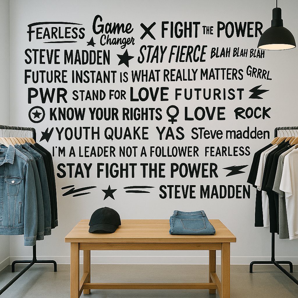 Store wall covered in the hand-lettered manifesto, concept