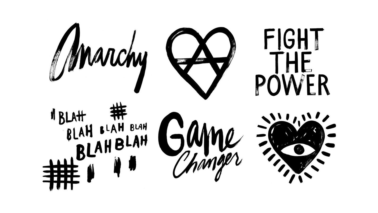 Symbol sheet: anarchy, Fight the Power, Game Changer