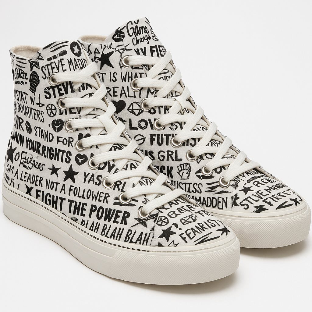 High-top sneaker covered in the hand-lettered print, concept
