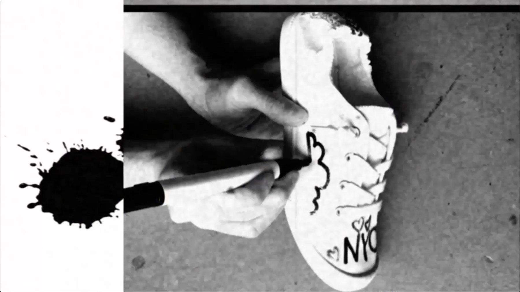 The wordmark over a sneaker in progress