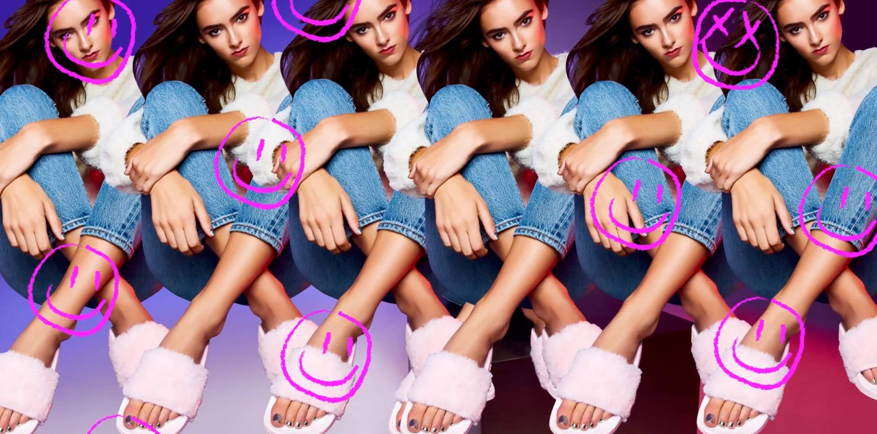 The fur slides portrait repeated with pink hand-drawn circles and smiley faces