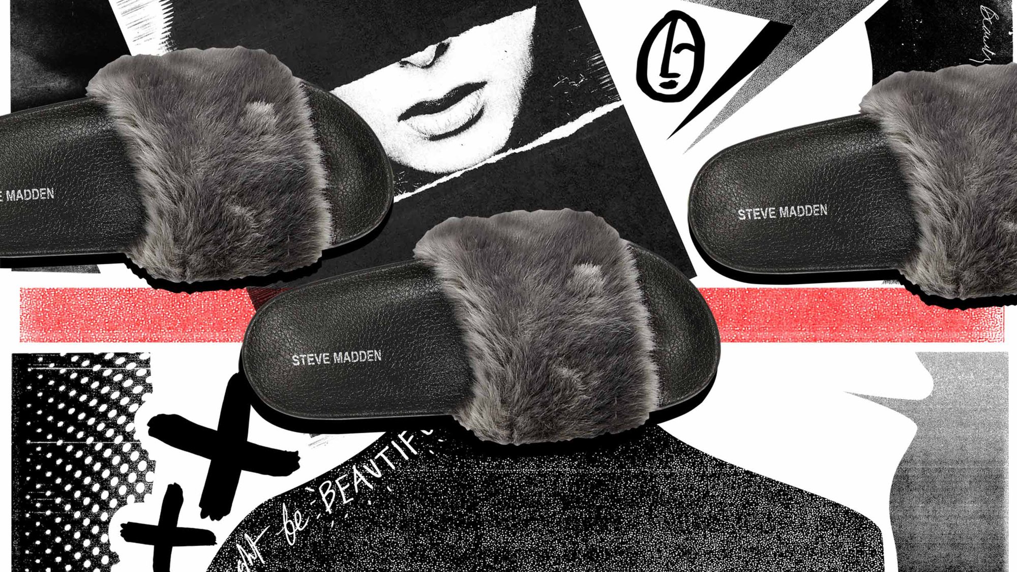 Get Softey campaign collage: fur slides, halftone portrait and hand-drawn marks