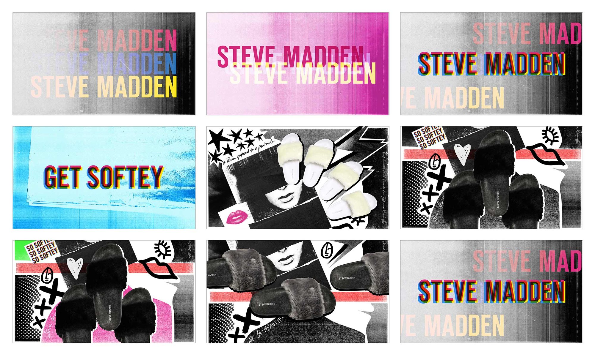 Get Softey storyboard: nine frames of type, fur and collage