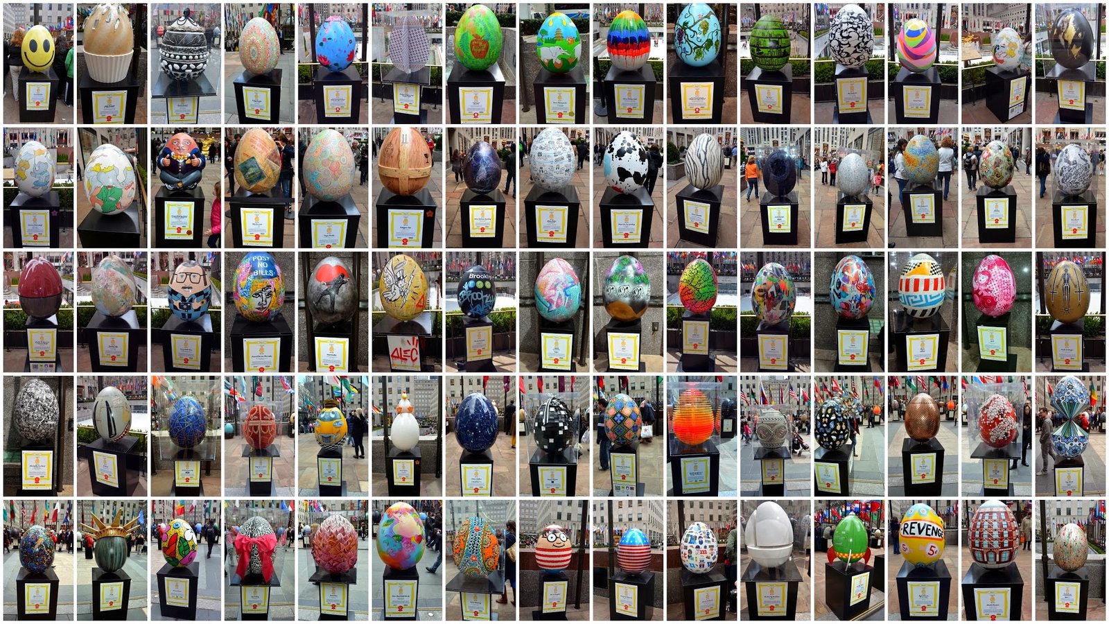 A grid of dozens of the artist eggs on show