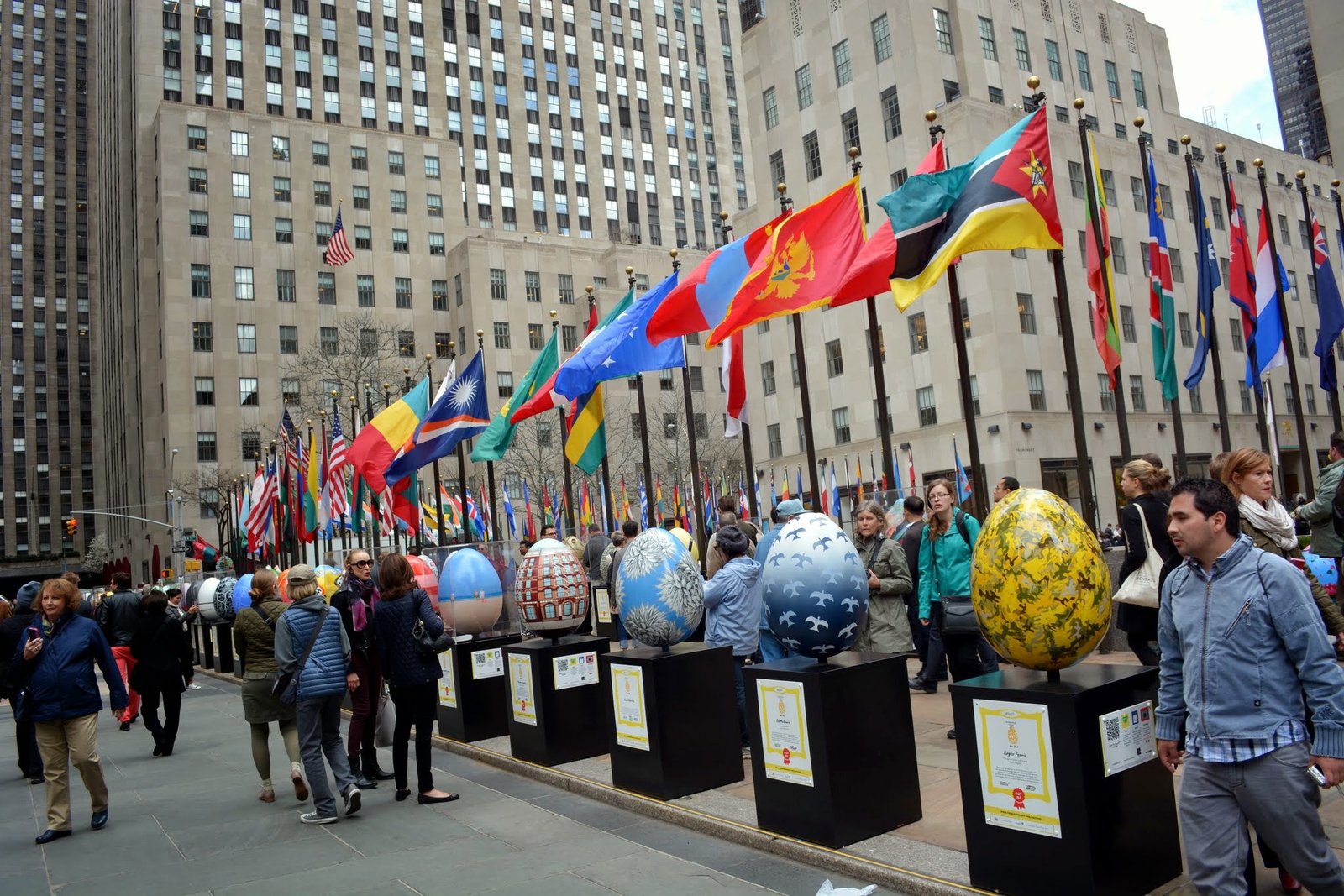 The egg line under the flags at Rockefeller Center