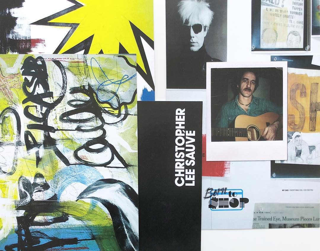 A collage wall of drawings, polaroids and type