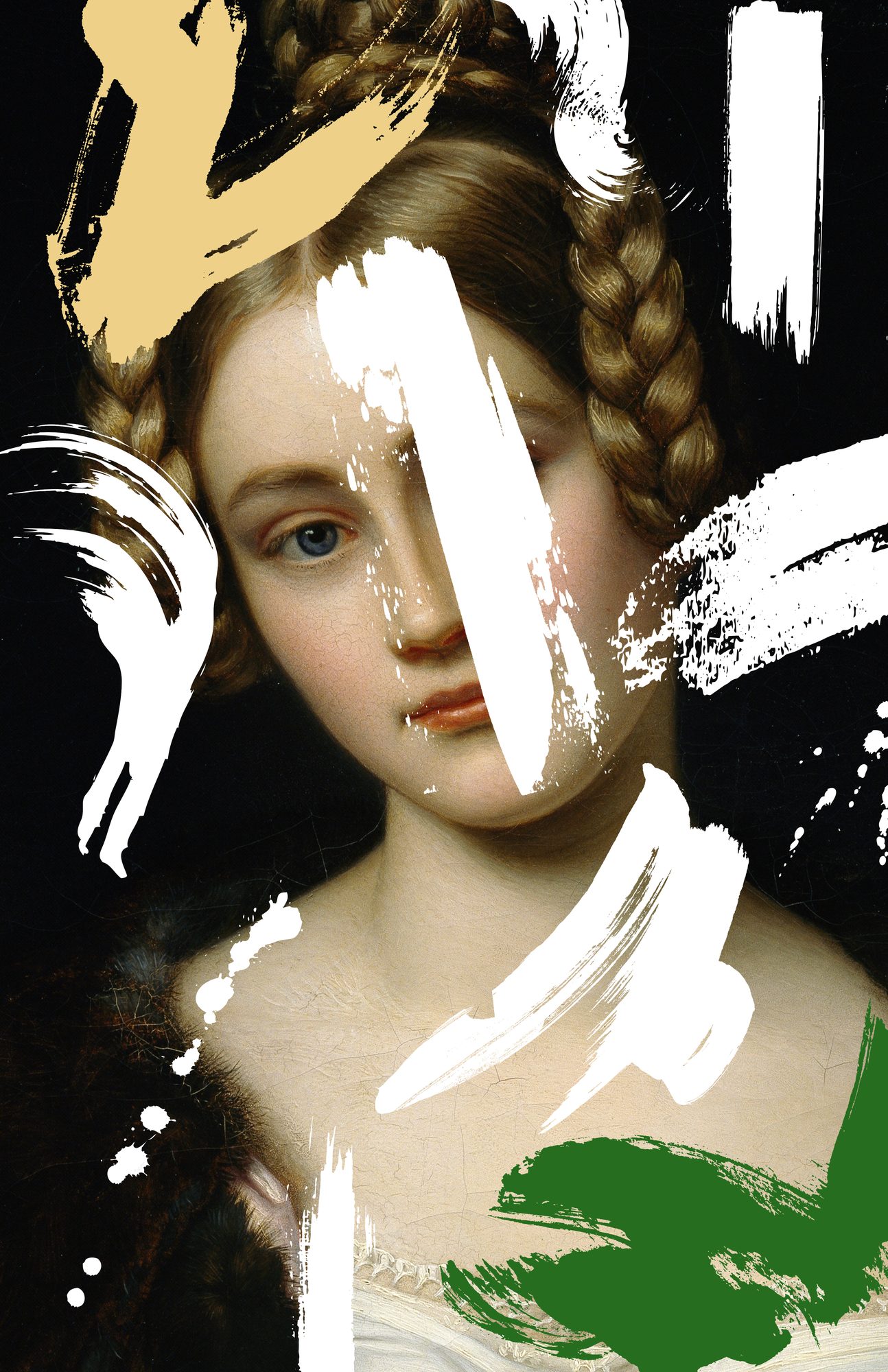 Disrupt artwork: a portrait with braided hair, white strokes and green and tan accents