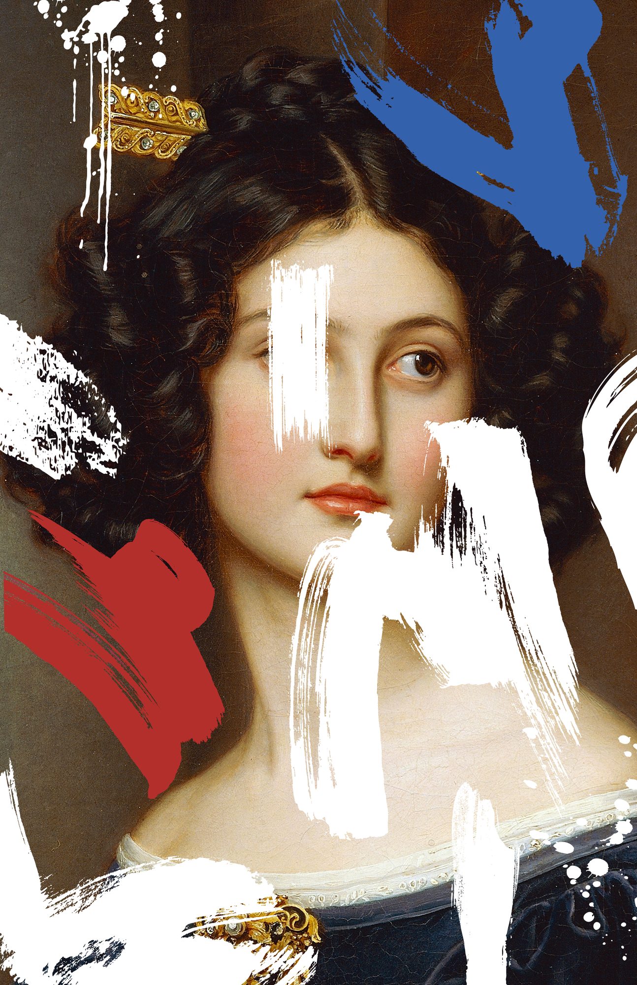 Disrupt artwork: a portrait with red, blue and gold strokes