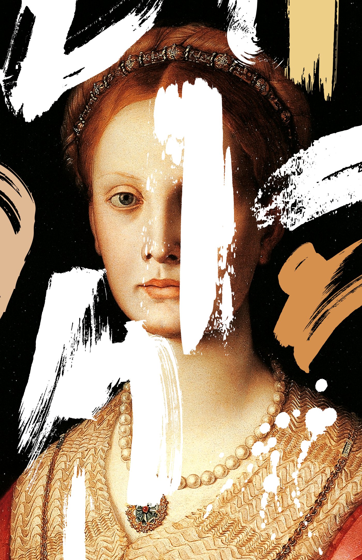 Disrupt artwork: a portrait in a pearl headdress with white and gold strokes
