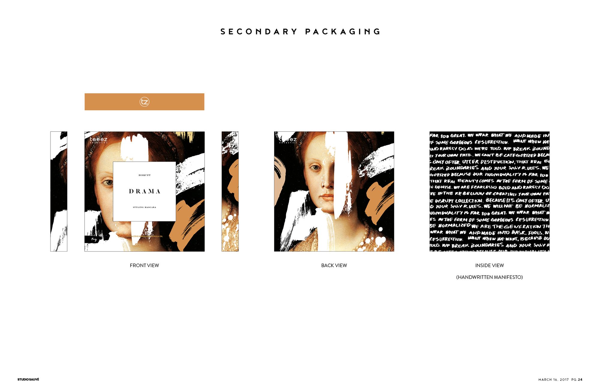 Disrupt secondary packaging: sleeve front, back and the handwritten manifesto panel