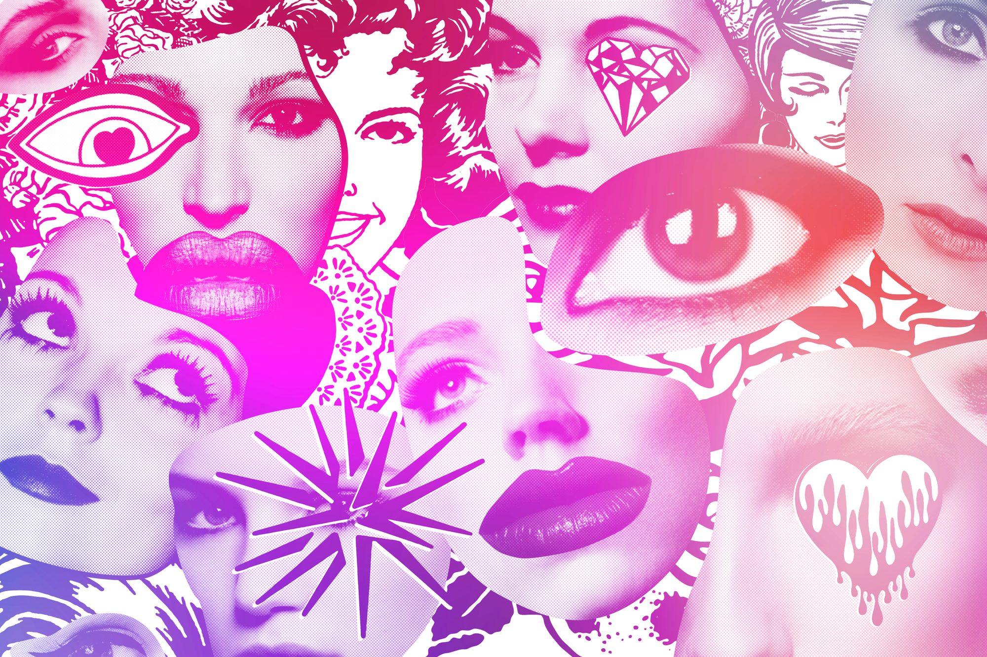 Fashion Vendetta collage pattern of drawn and photographed faces in pink and violet