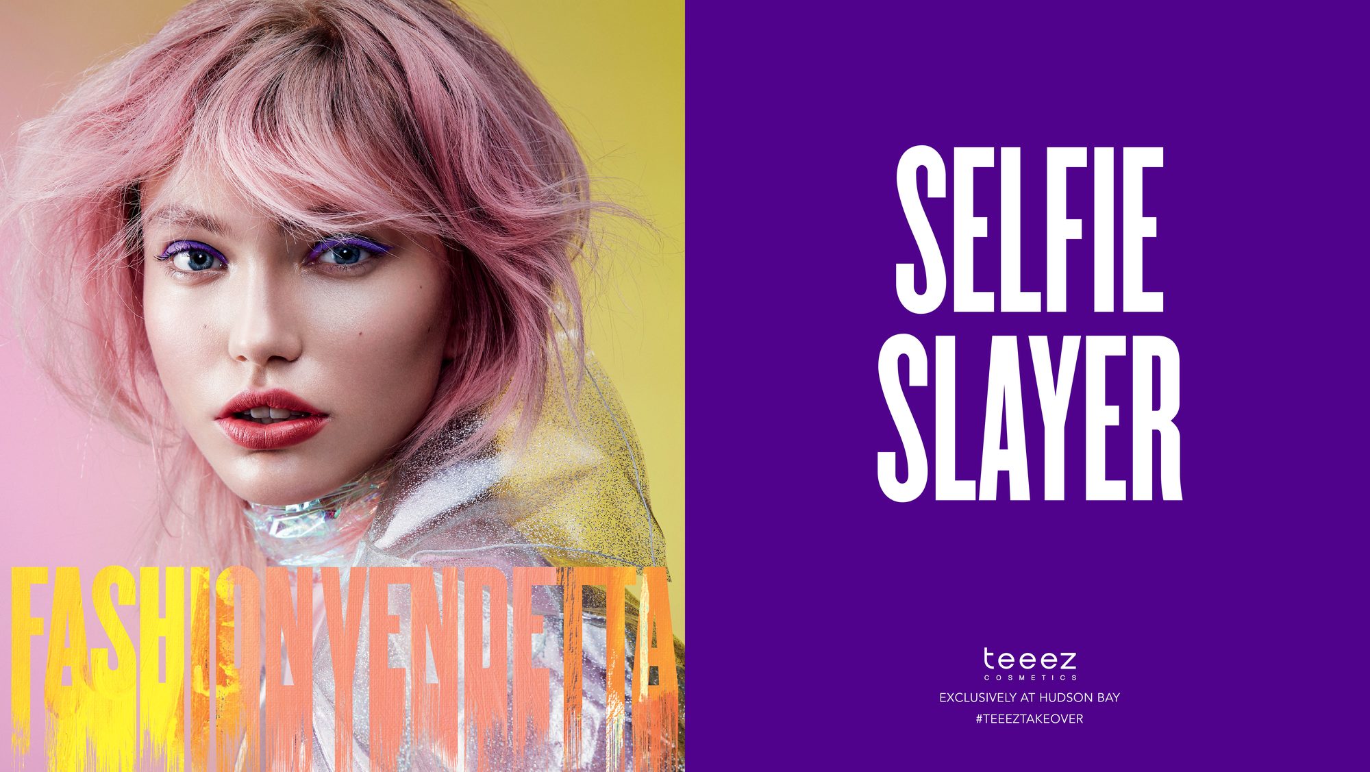 Fashion Vendetta window graphic: the portrait beside the Selfie Slayer headline