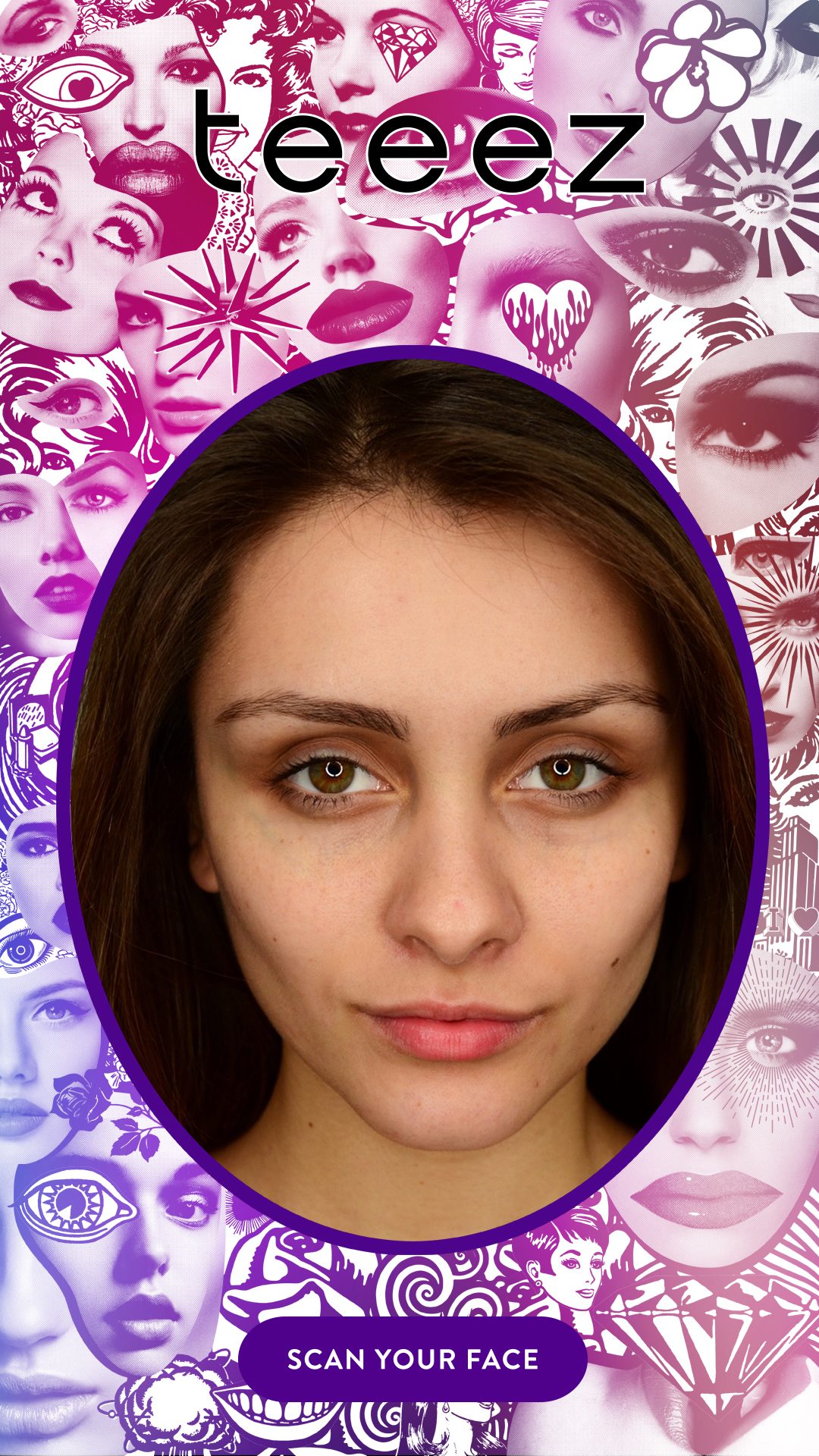 Magic Mirror app screen: Scan your face, framed by the Fashion Vendetta face pattern