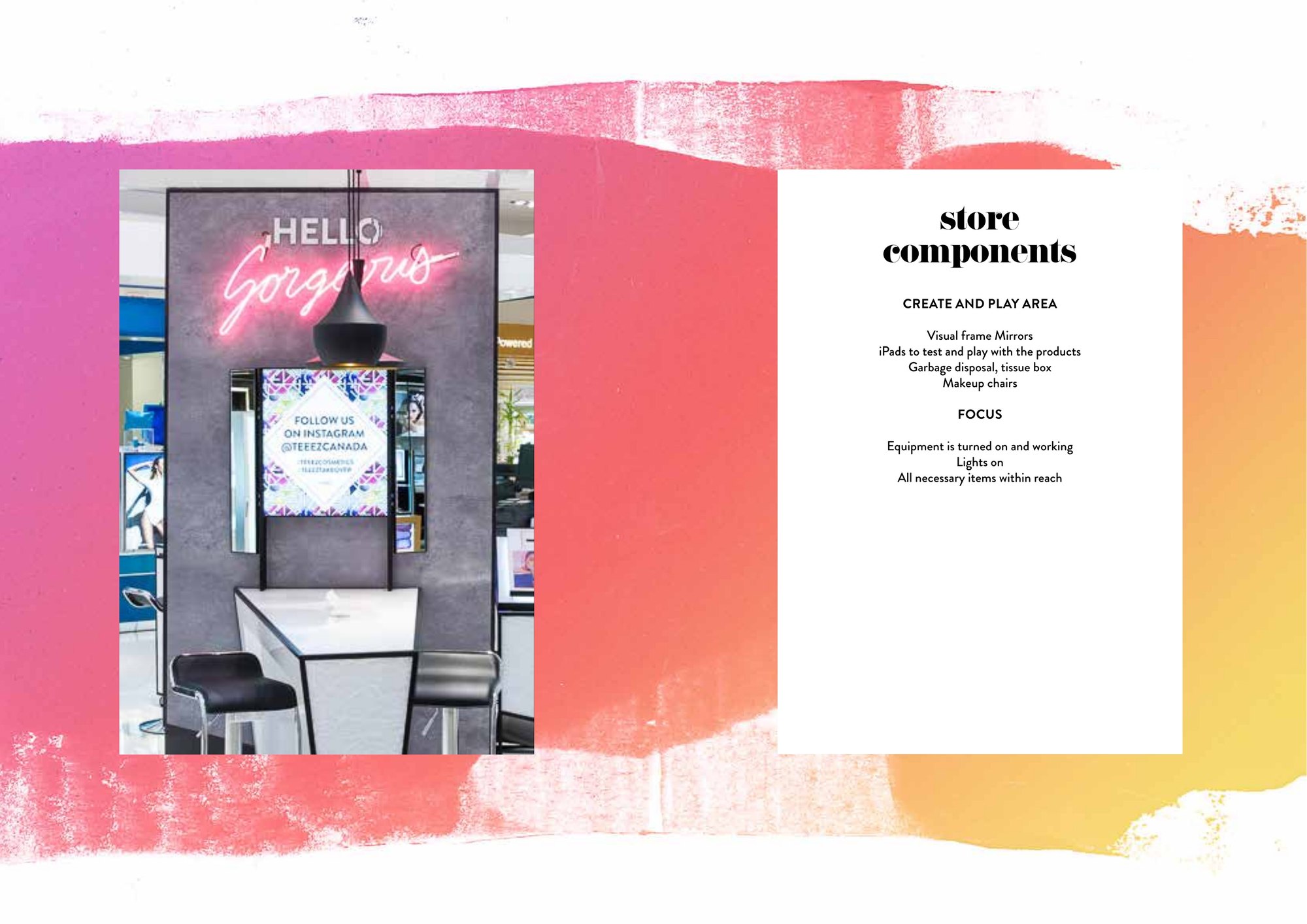 Teeezzine spread: store components, the create and play area under the Hello Gorgeous neon