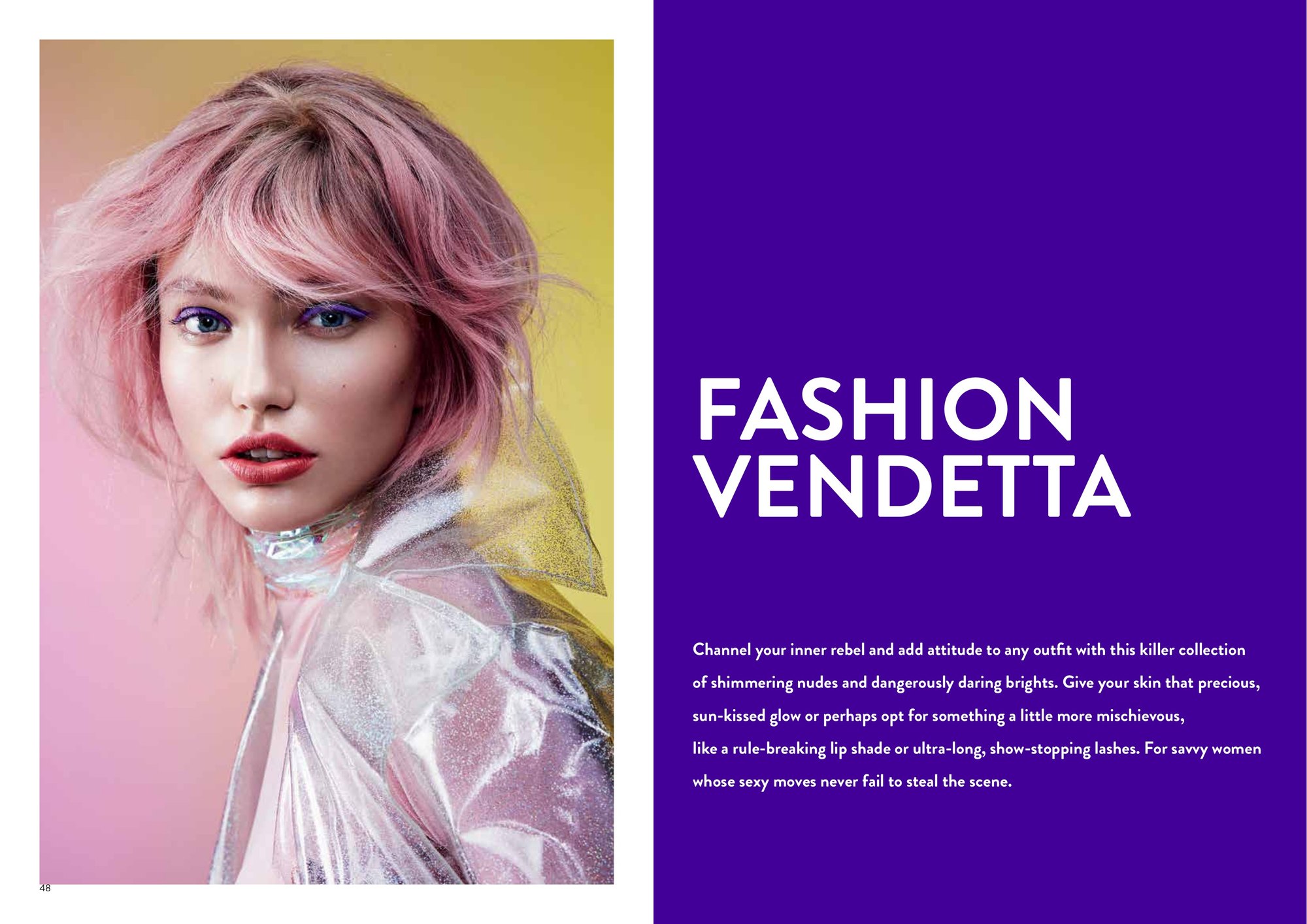 Teeezzine spread: the Fashion Vendetta portrait beside the collection title on purple