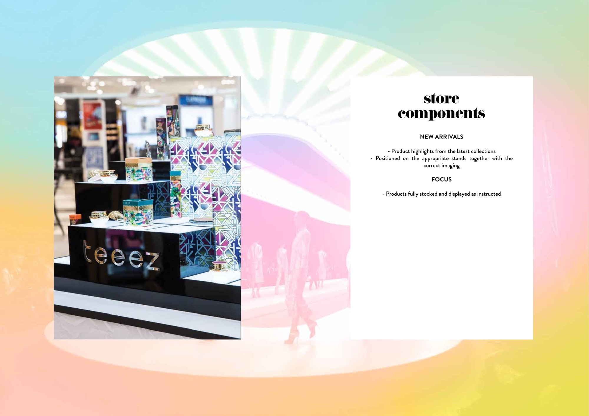Teeezzine spread: store components, the new arrivals stand wrapped in the Teeez pattern