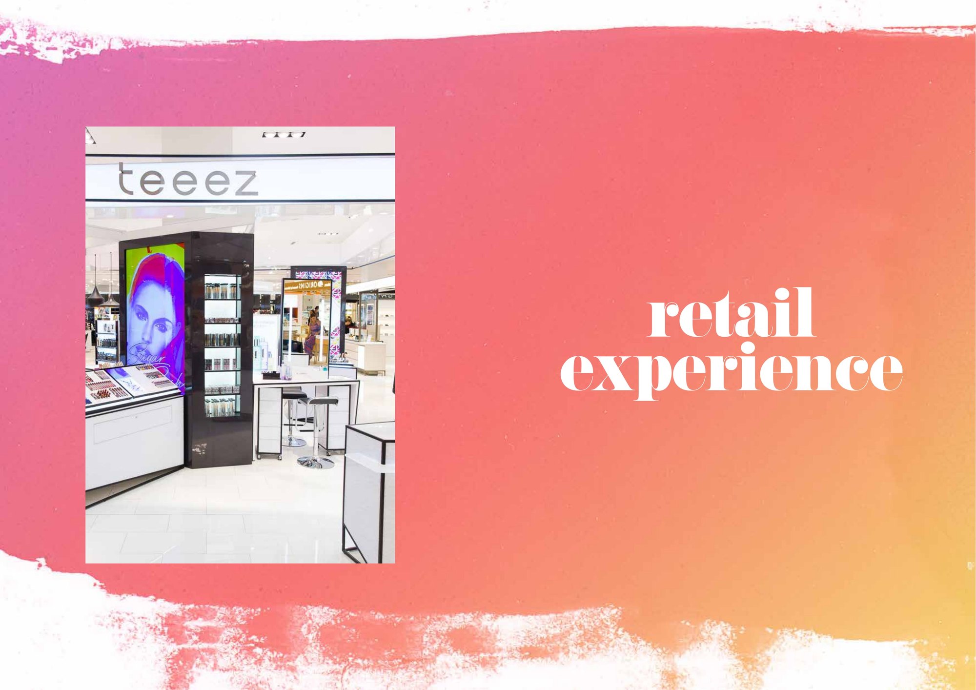 Teeezzine spread: the retail experience chapter opener, the Teeez counter on a painted pink to orange ground