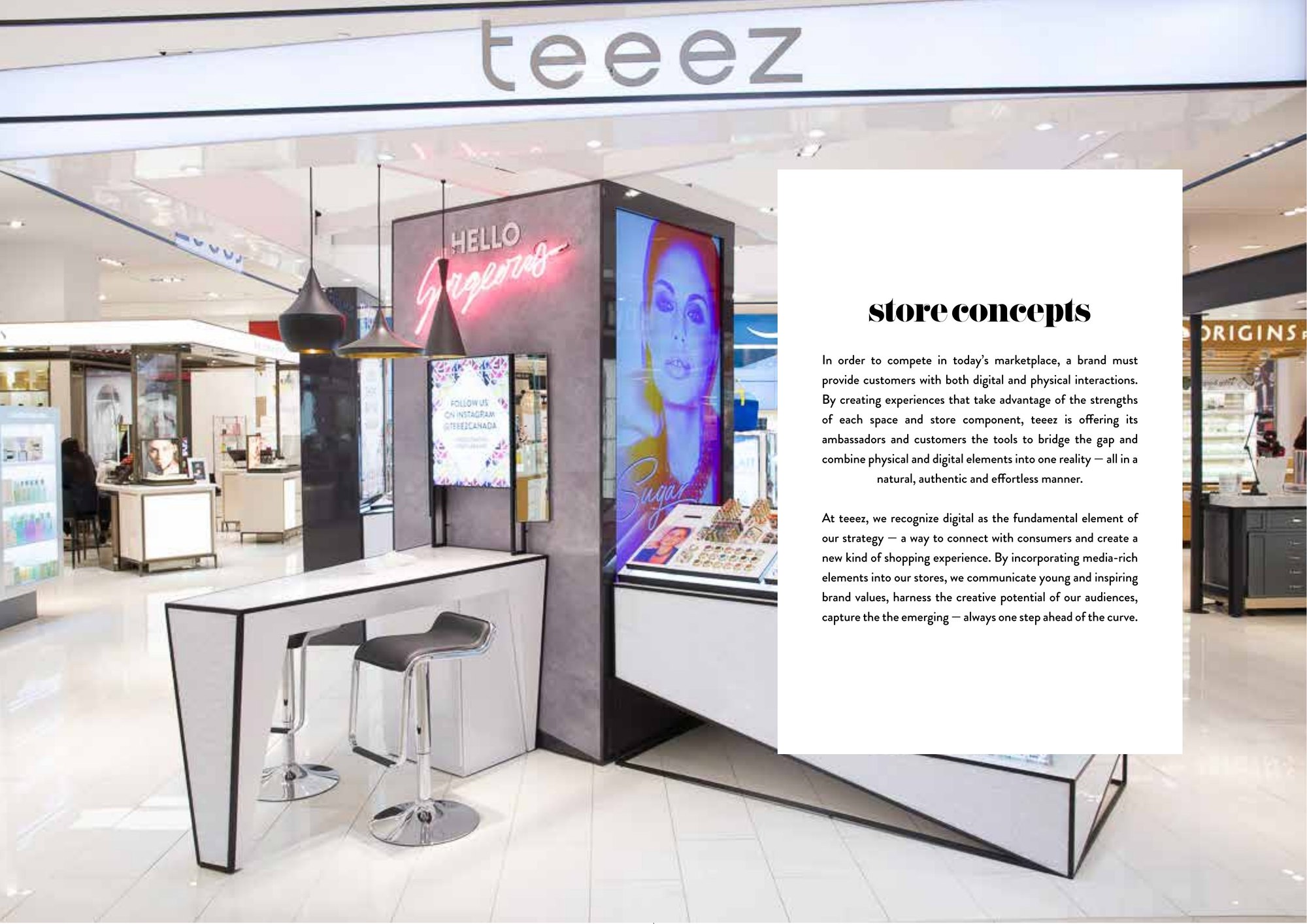 Teeezzine spread: store concepts, the Hello Gorgeous neon, the Sugar Rush screen and the counter