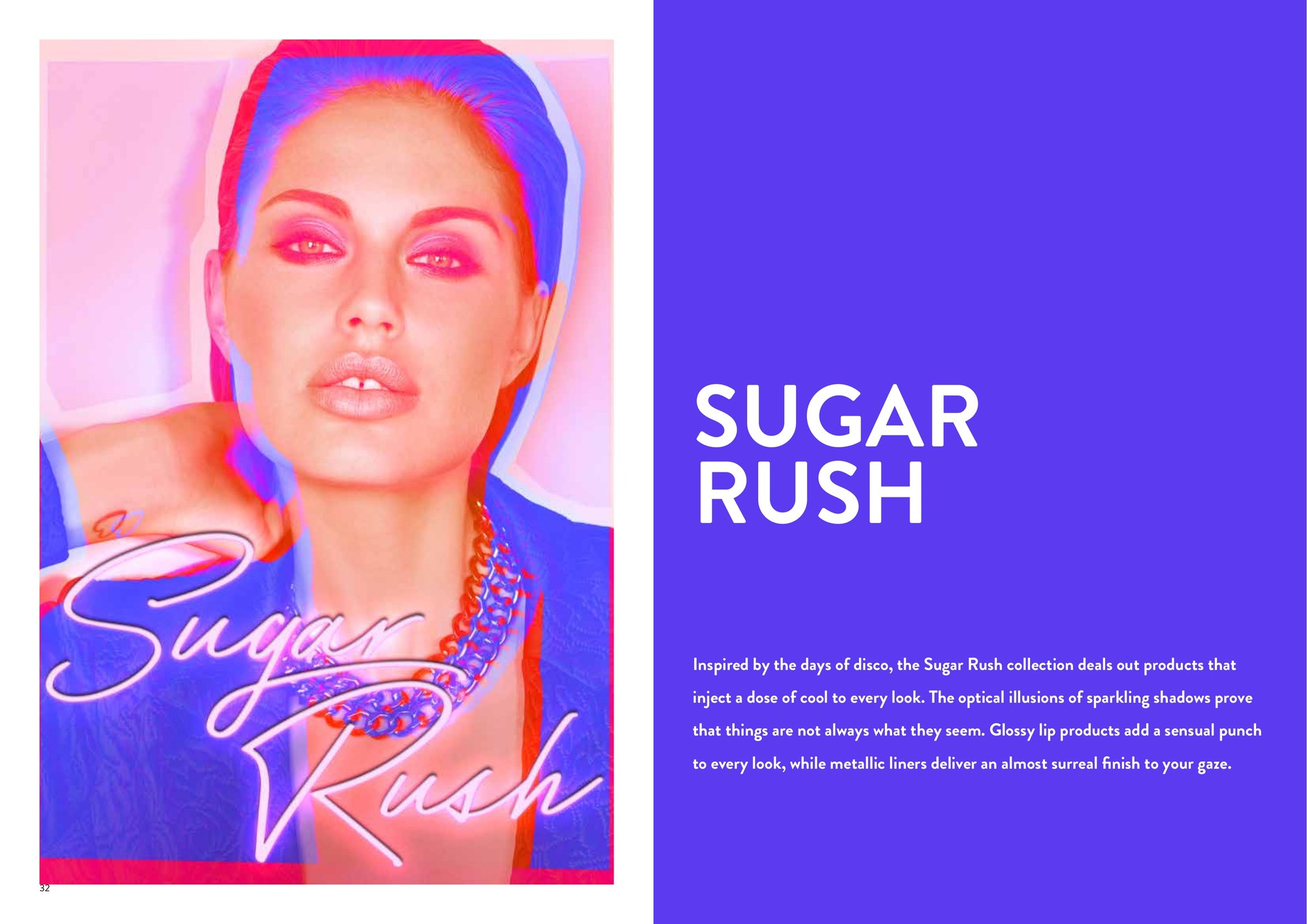 Teeezzine spread: the Sugar Rush portrait with neon script beside the collection title on violet