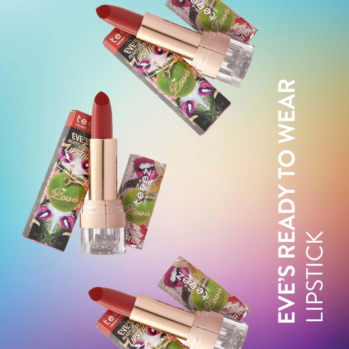 Nourishing Colour: Eve’s ready to wear lipstick, three bullets on a gradient