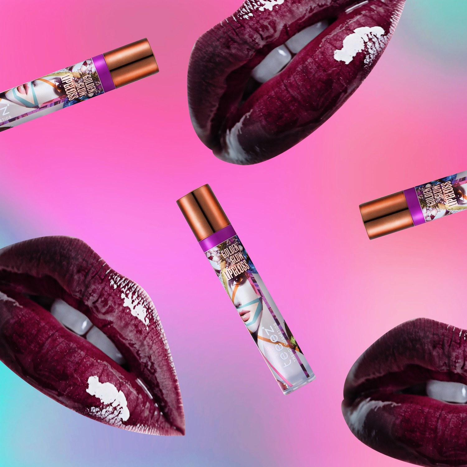 Teeez lip gloss: tubes floating between glossy plum lips on a pink and blue gradient