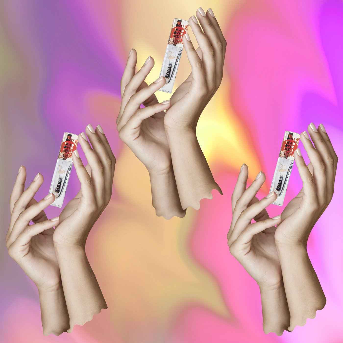 Nourishing Colour: three hands holding the floral lipstick on an iridescent ground