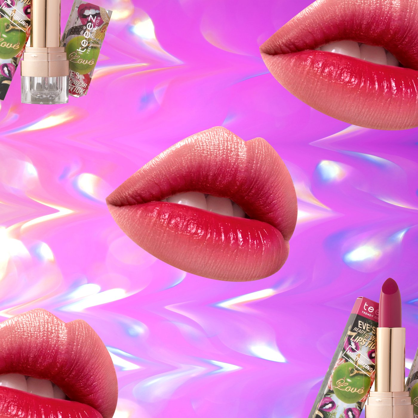 Nourishing Colour: red lips beside the floral lipstick on pink holographic film