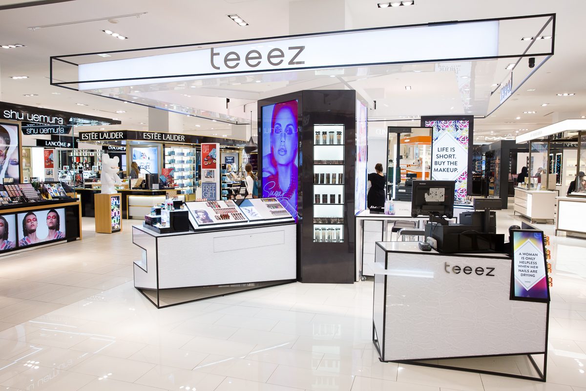 The Teeez counter at Hudson’s Bay with campaign screens