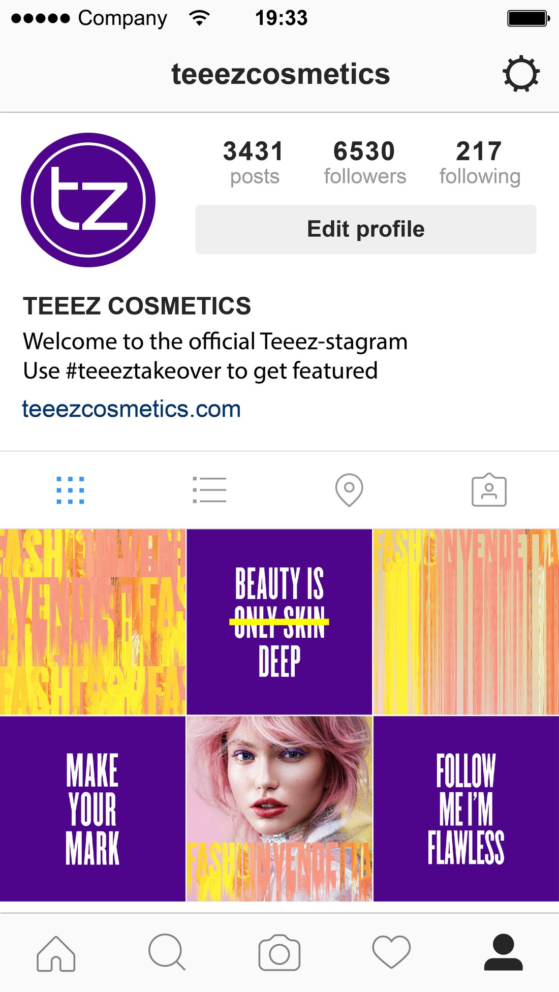 The Teeez Instagram profile on a phone: quotes on purple between product shots