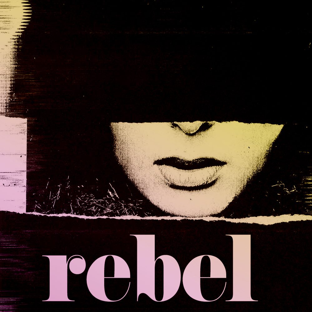 Teeez post: rebel, a cut-paper face over pink type