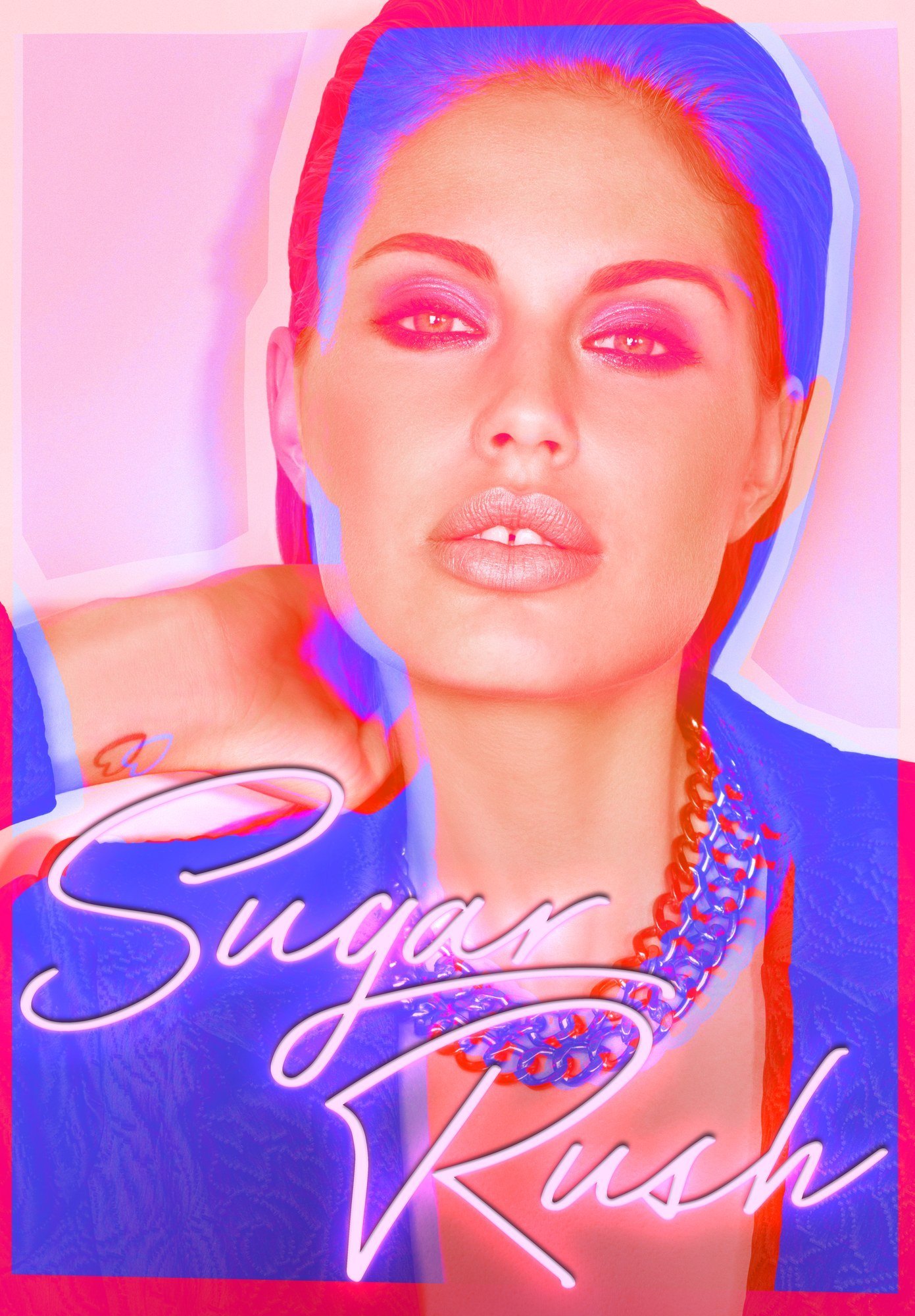 Sugar Rush poster: a portrait in pink and violet with neon script