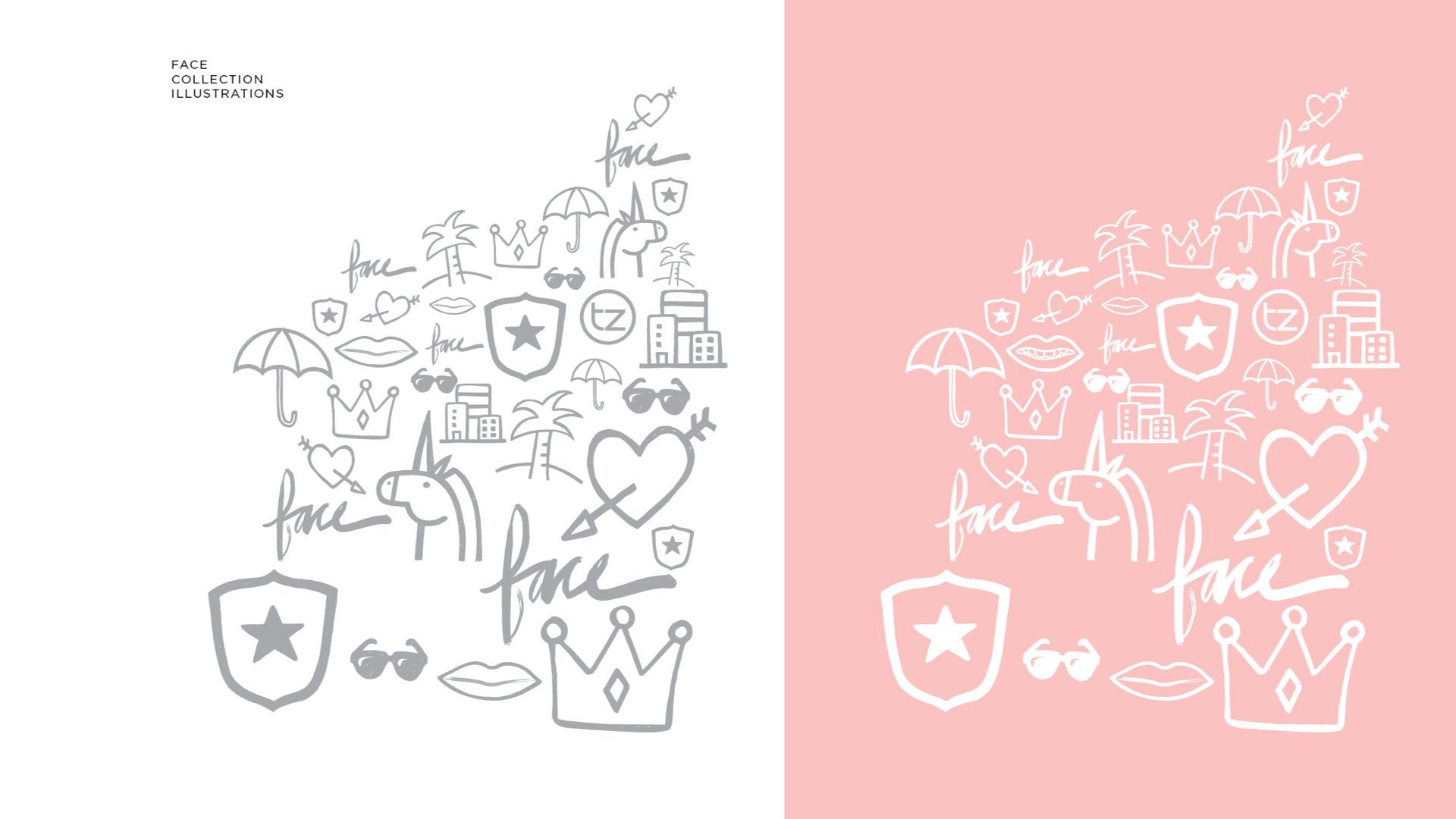 Line illustrations for the collection, grey on white and white on pink