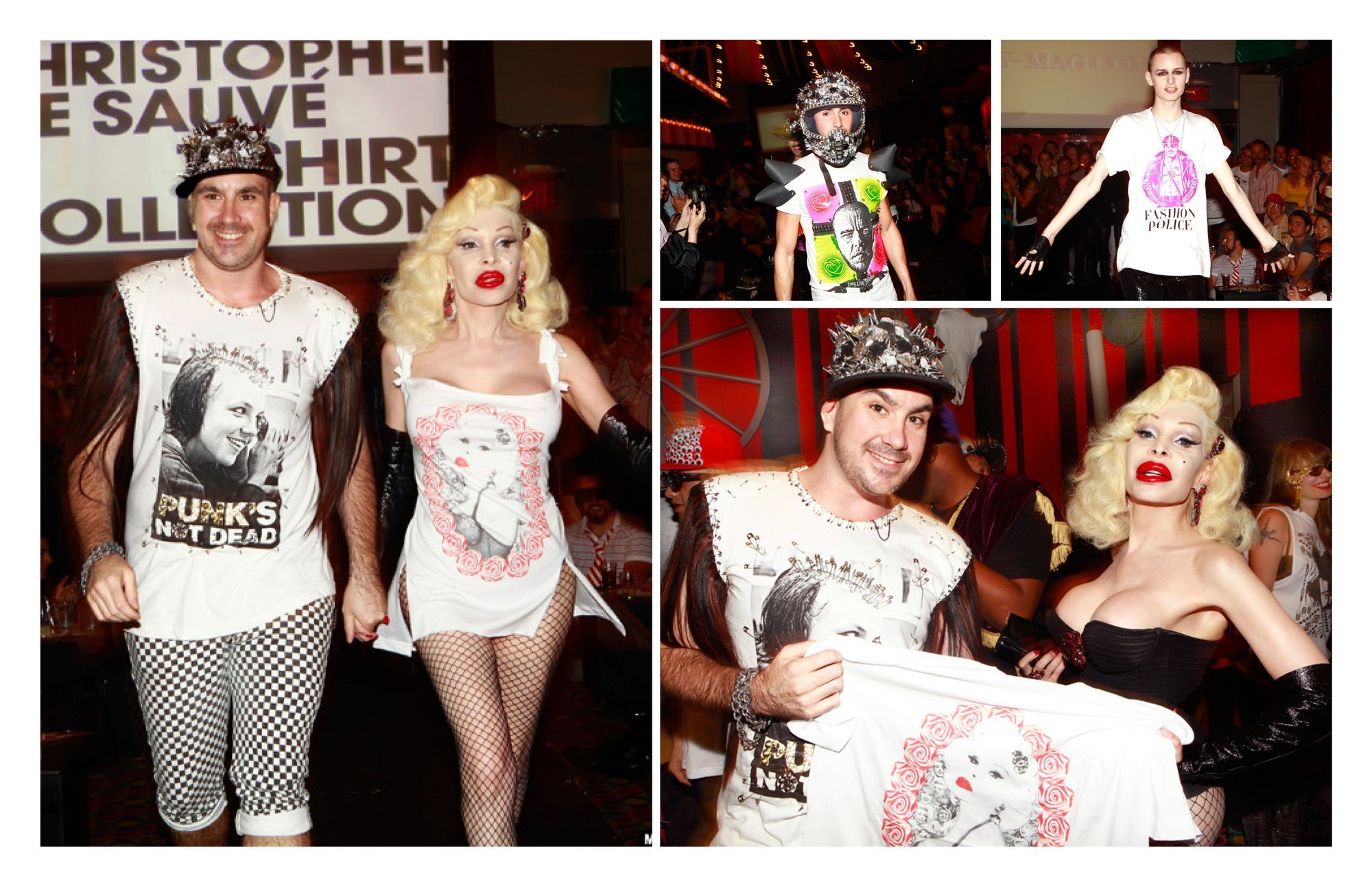 Amanda Lepore and the runway at Carnival under a Christopher Lee Sauvé T-shirt collection banner