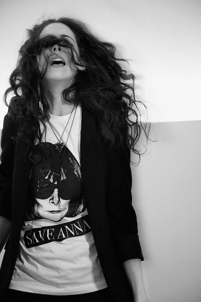 Model laughing in the Save Anna tee