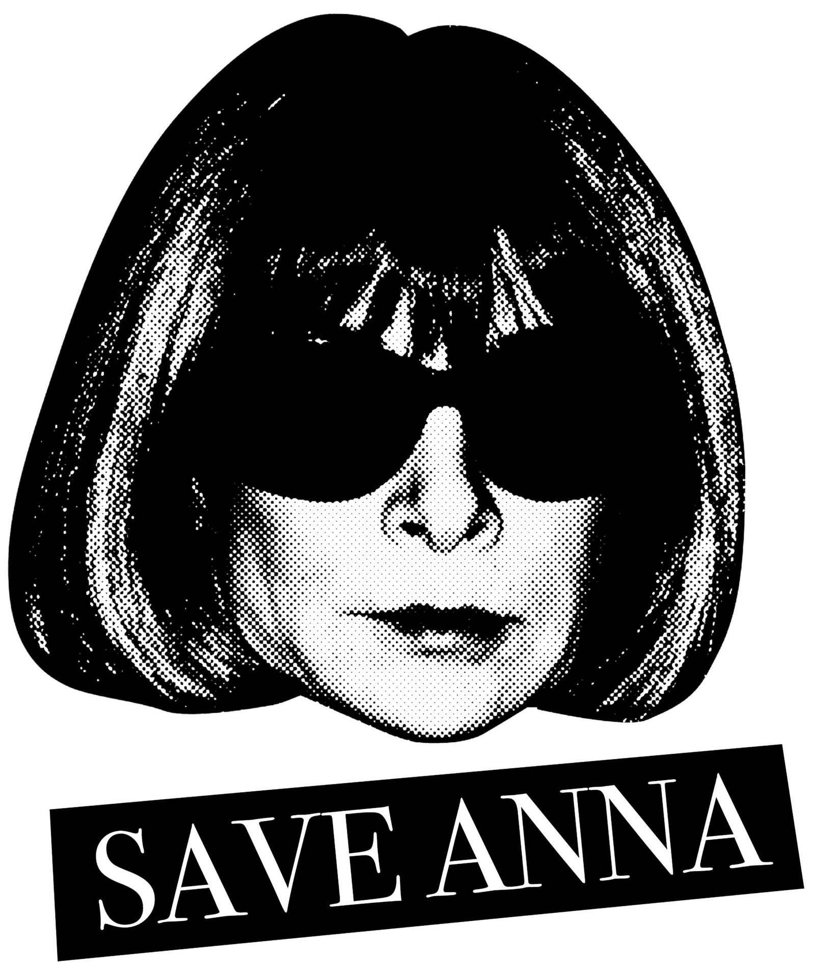 The SAVE ANNA T-shirt graphic: Anna Wintour in sunglasses above a stencil SAVE ANNA banner