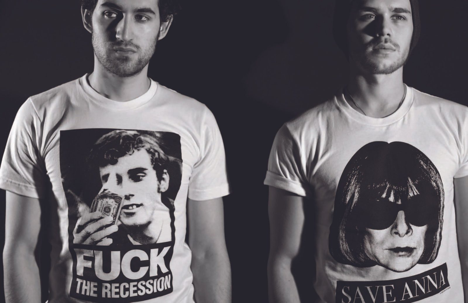Two men in Save Anna and recession protest tees