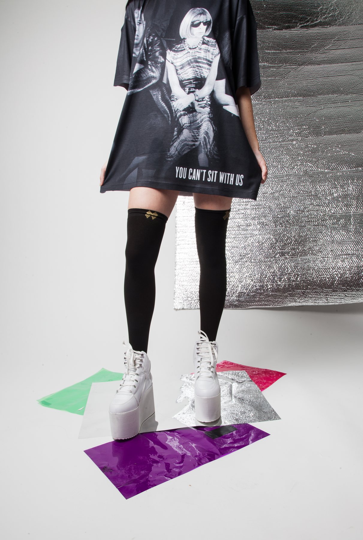 You Can’t Sit With Us tee on platform sneakers