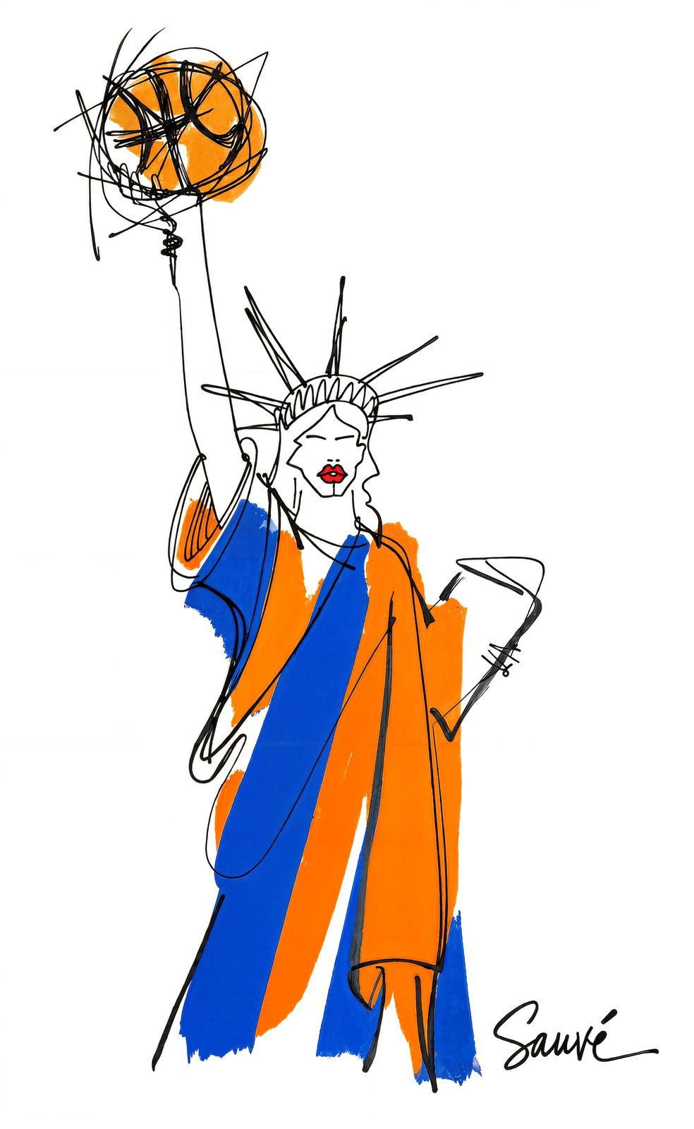 Lady Liberty holding a basketball in Knicks blue and orange, signed Sauvé