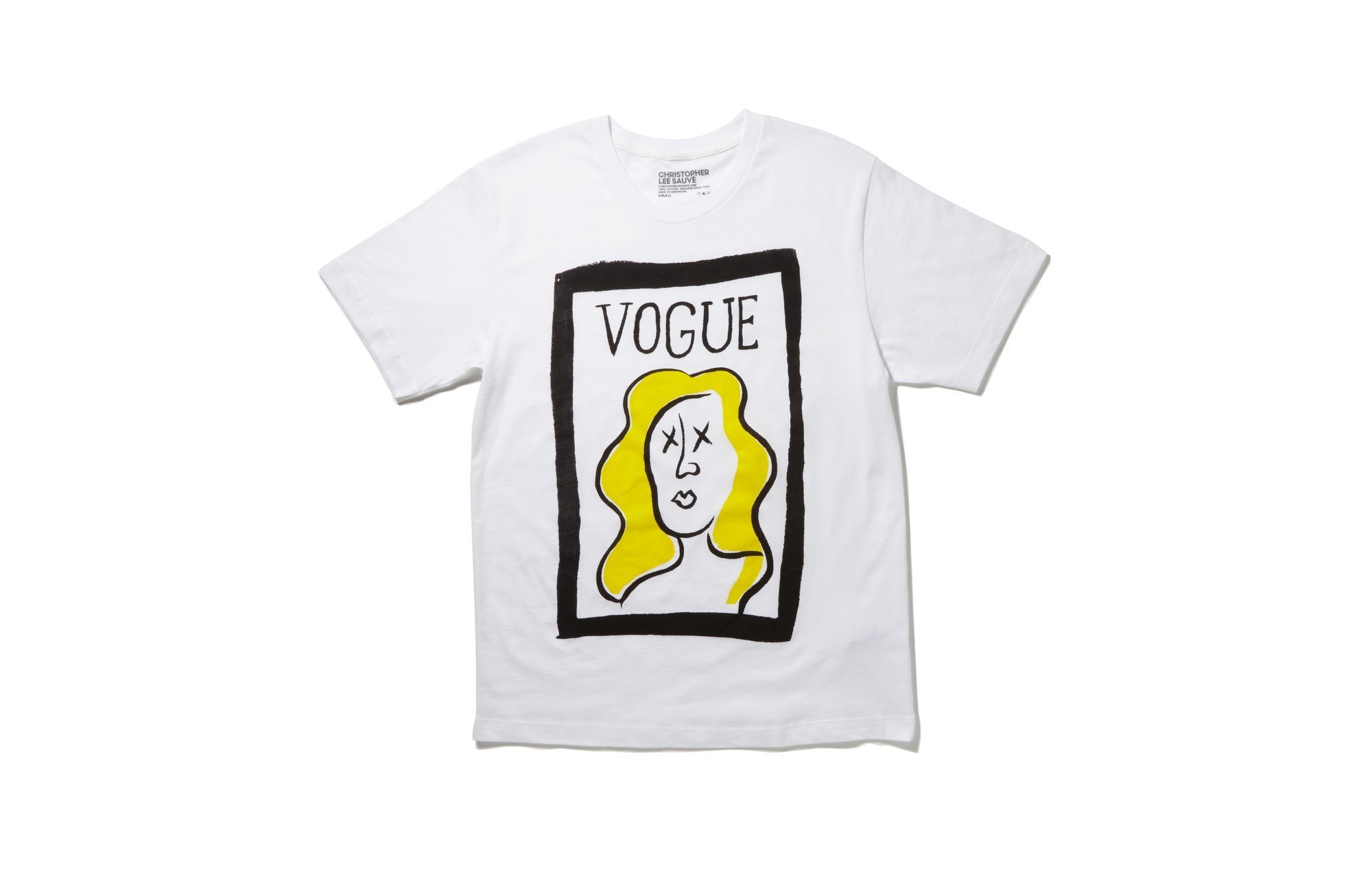 White tee with a hand drawn VOGUE cover portrait in yellow