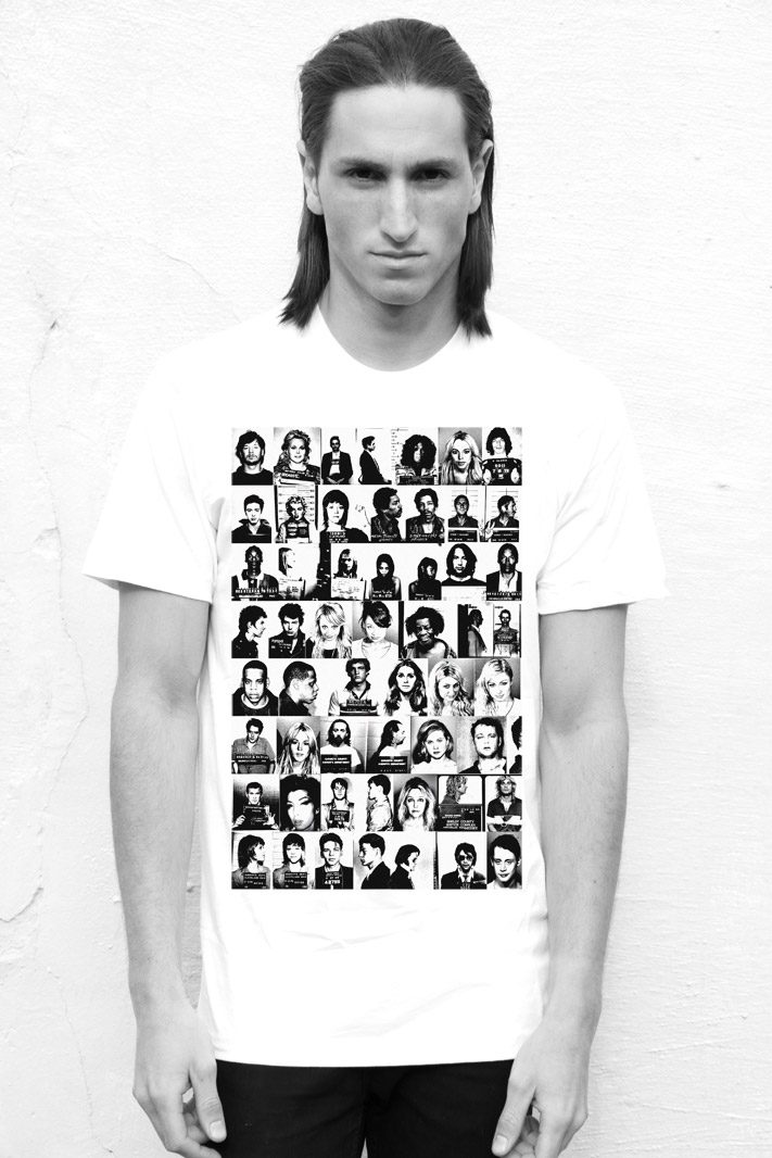 Model in the celebrity mugshot tee