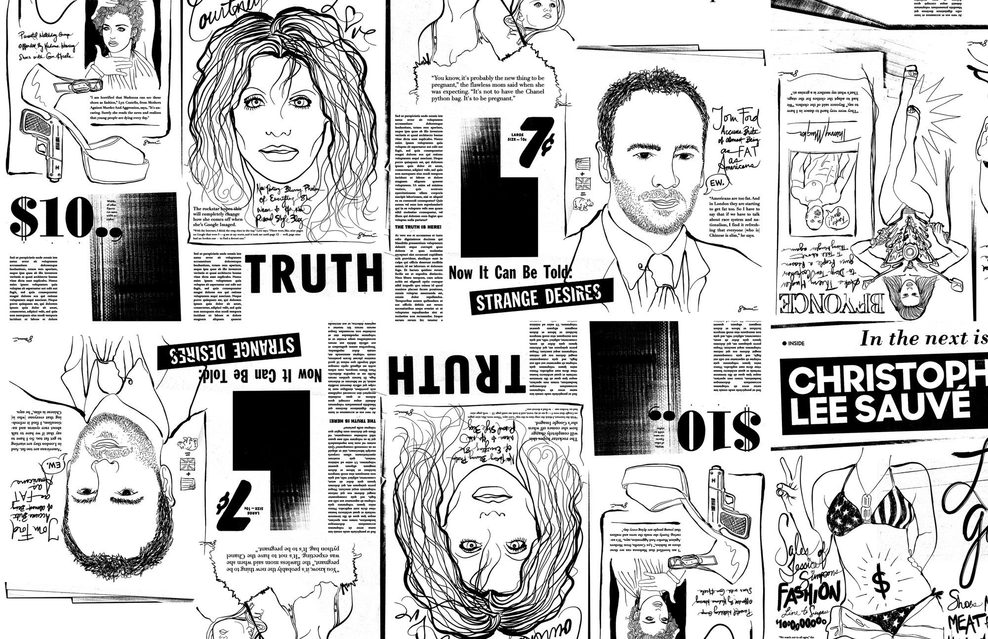 Line illustrations of famous scandals laid out like tabloid pages