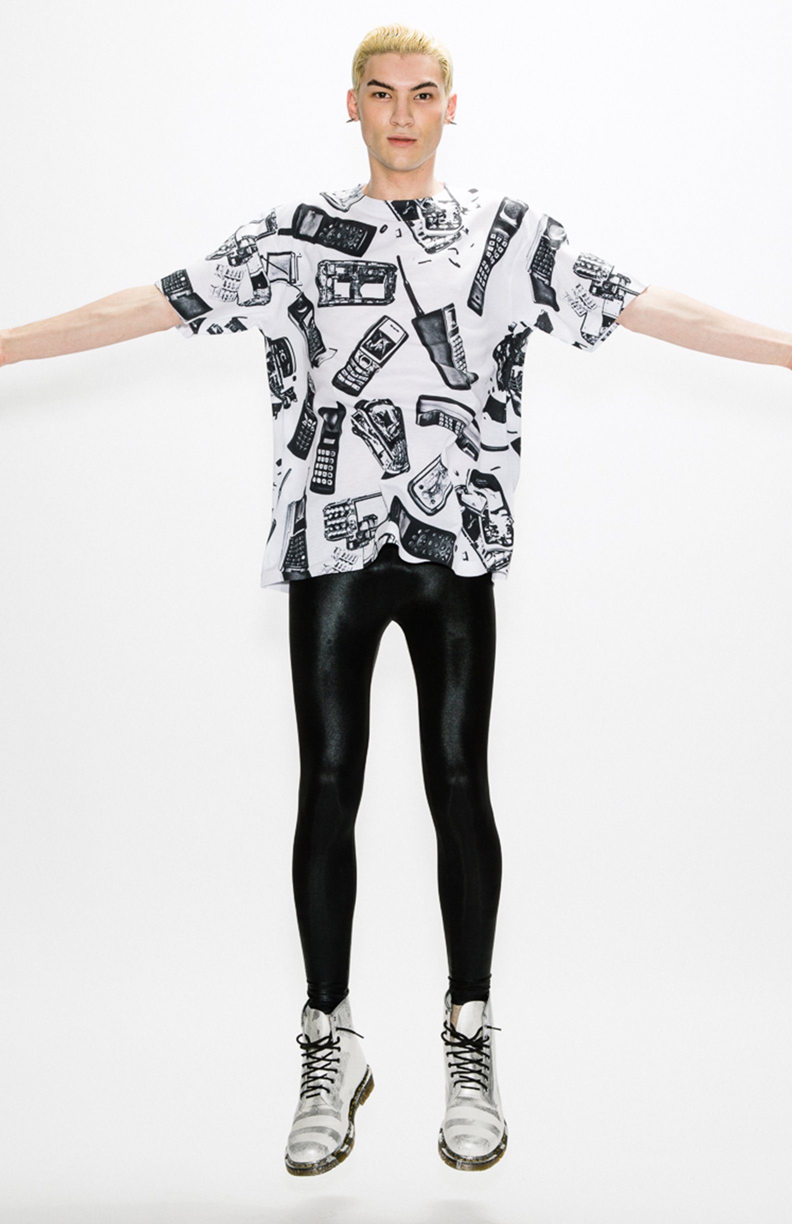 Lookbook: model leaping in a printed tee