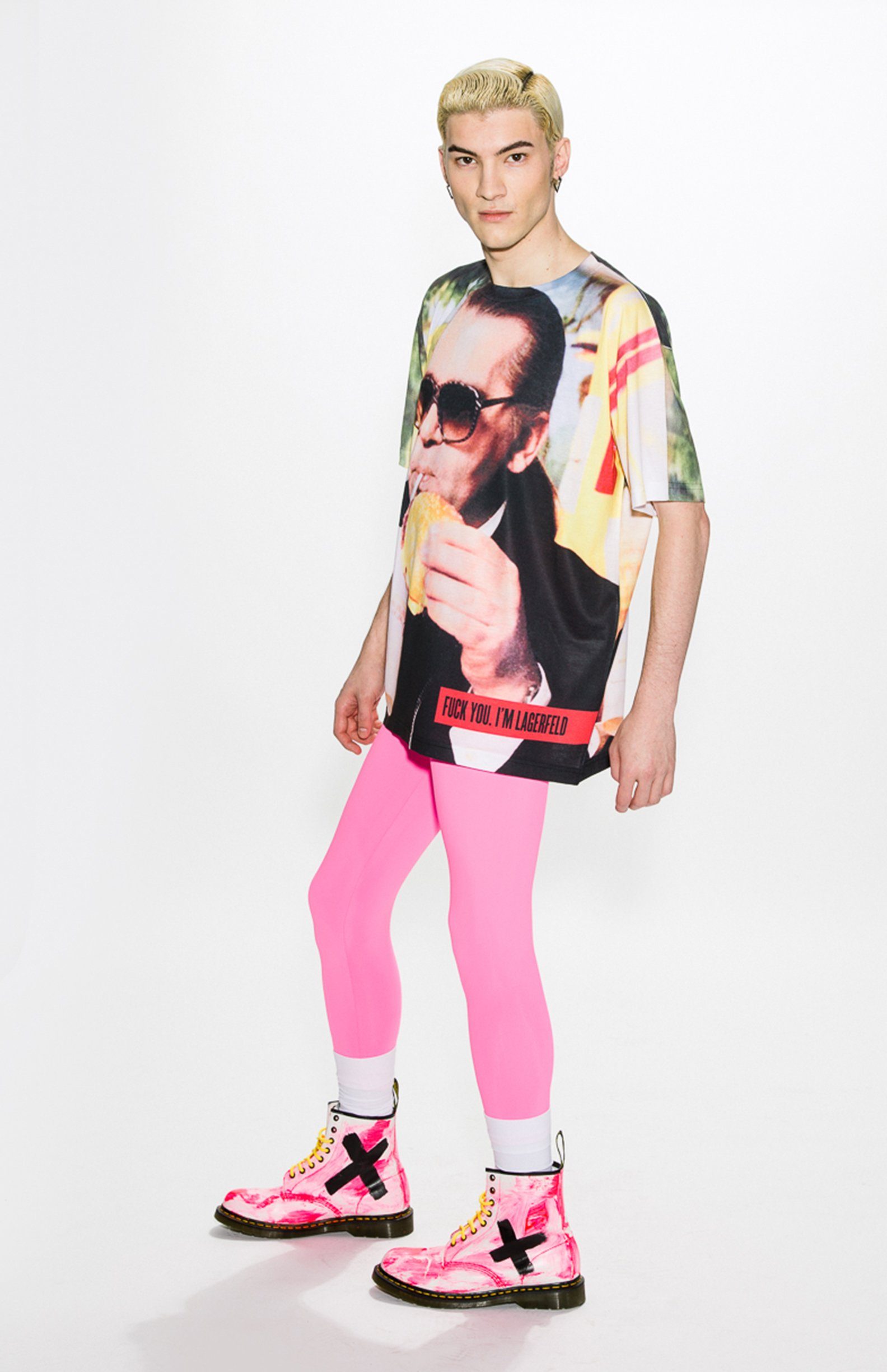 Lookbook: model in a Lagerfeld tee and pink tights