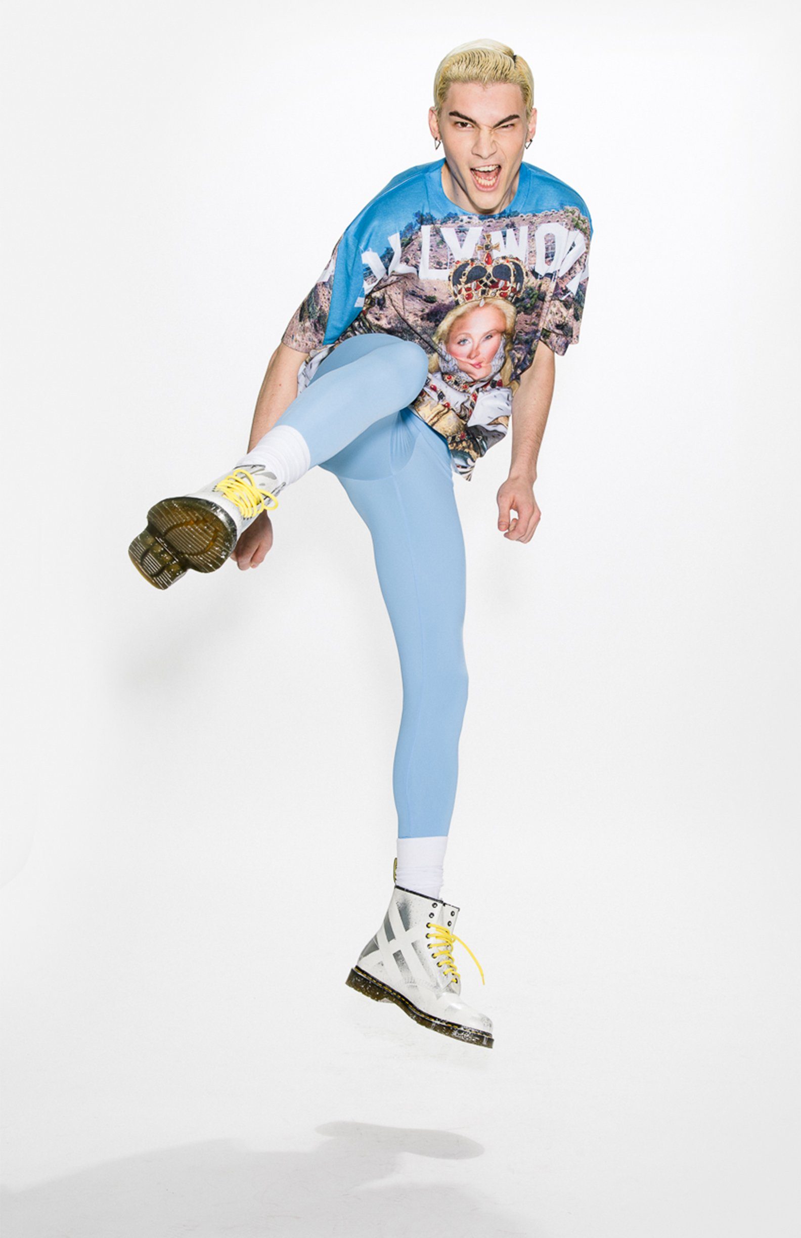 Lookbook: model in a pale blue printed tee