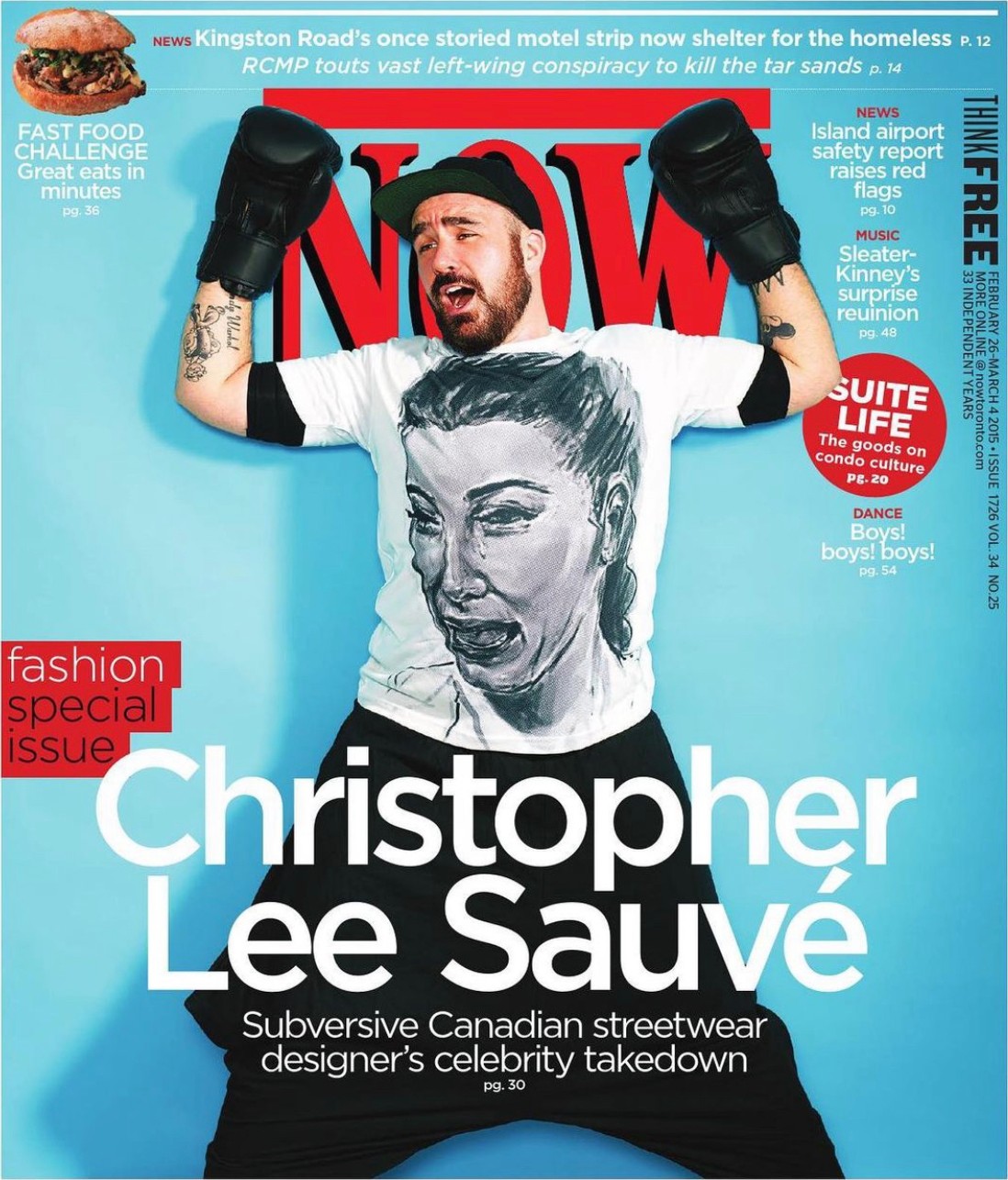 NOW Magazine cover, fashion special issue, 2015: Christopher Lee Sauvé in boxing gloves and one of his tees