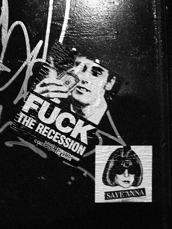 Fuck the Recession and Save Anna stickers on a black surface