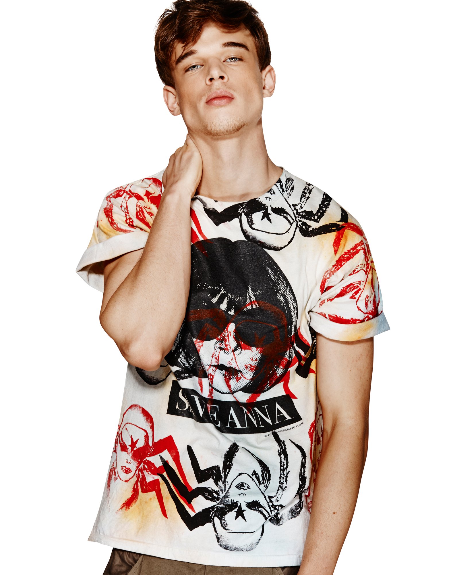 Model in a Save Anna tee I painted by hand, studio shot on white